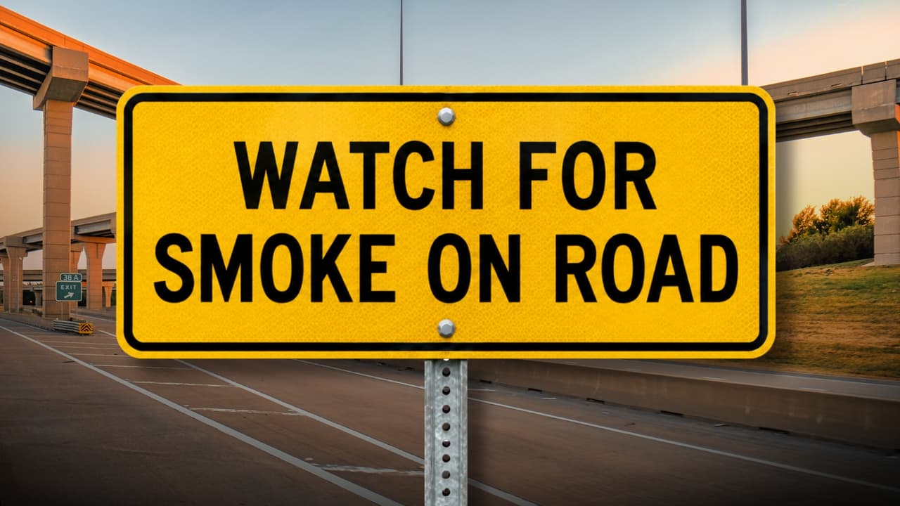 <h3 class="cms-H3-H3">5. Humo sobre la carretera</h3> Vas manejando con buena visibilidad y, unos metros más adelante,
<b>una nube de humo empieza a cubrir el camino. </b>
<br>Para ese tipo de situación Texas contempla “Watch for Smoke on Road”,
<b>que significa “Atención al humo en la carretera”. </b>
<br>La advertencia prepara al conductor para un tramo donde
<b>la visibilidad puede reducirse de forma repentina. </b>
<br>En la práctica, significa que
<b>puede costar más ver qué ocurre adelante y que conviene estar listo para reaccionar. </b>
<br>Es una de esas señales poco comunes que quizá nunca veas, pero cuyo mensaje se entiende en segundos:
<b>si hay humo sobre la vía, lo que viene delante puede no verse con claridad.</b>