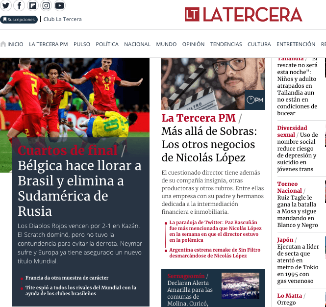 El diario chileno
<i>La Tercera</i> con contundencia sobre la derrota de la selección brasileña.
