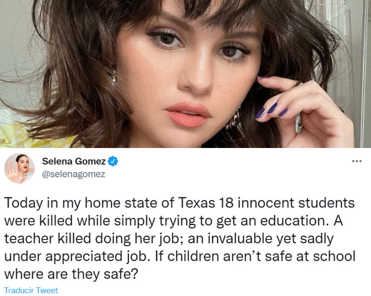 Selena Gómez, nacida en Texas, se cuestionó: "Si los niños no están seguros en la escuela, ¿dónde están seguros?".