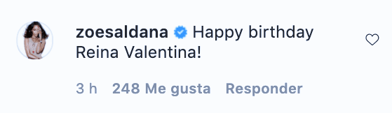 La actriz Zoe Saldaña fue una de las miles de seguidoras de la actriz que le deseó un feliz cumpleaños a Valentina Paloma, a quien llamó "reina".