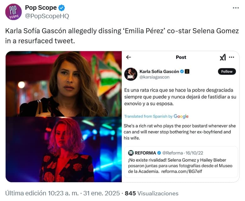 Karla Sofía Gascón habría presuntamente atacado también a Selena Gómez en el pasado.