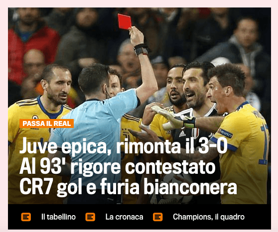 <b>Gazzetta Dello Sport: </b>Juve épica, remonta el 3-0. Al 93' un penal discutido, gol de CR7 y furia bianconera