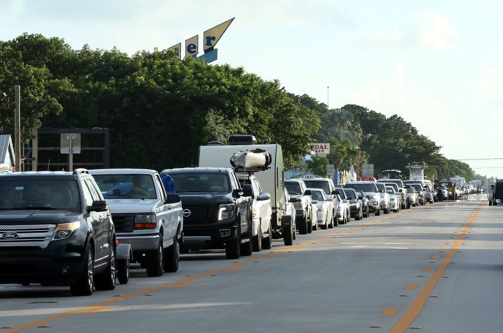 ISLAMORADA, FL - SEPTEMBER 05: Cars sit in traffic as they evacuate heading North on Overseas Highway in the Florida Keys on Septeber 5, 2017 in Islamorada, Florida. Residents are evacuating ahead of Hurricane Irma, a powerful storm expected to make landfall this weekend. (Photo by Marc Serota/Getty Images)