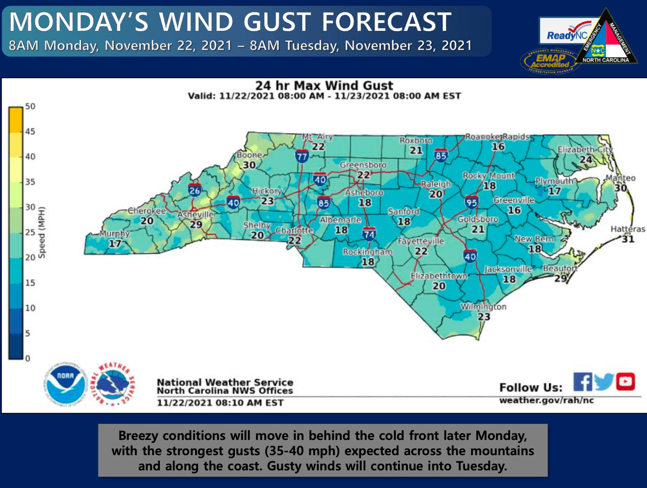 El paso de un frente frío dejará lluvias y vientos de hasta 30 mph. Este gráfico dice cómo estarán las ráfagas de viento.