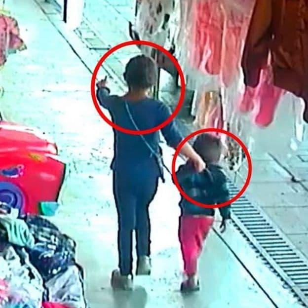 El rapto fue grabado por cámaras de seguridad de los negocios por donde pasaron, donde se ve a una niña de unos 10 años que tomó de la mano a Dylan y lo sacó del mercado.