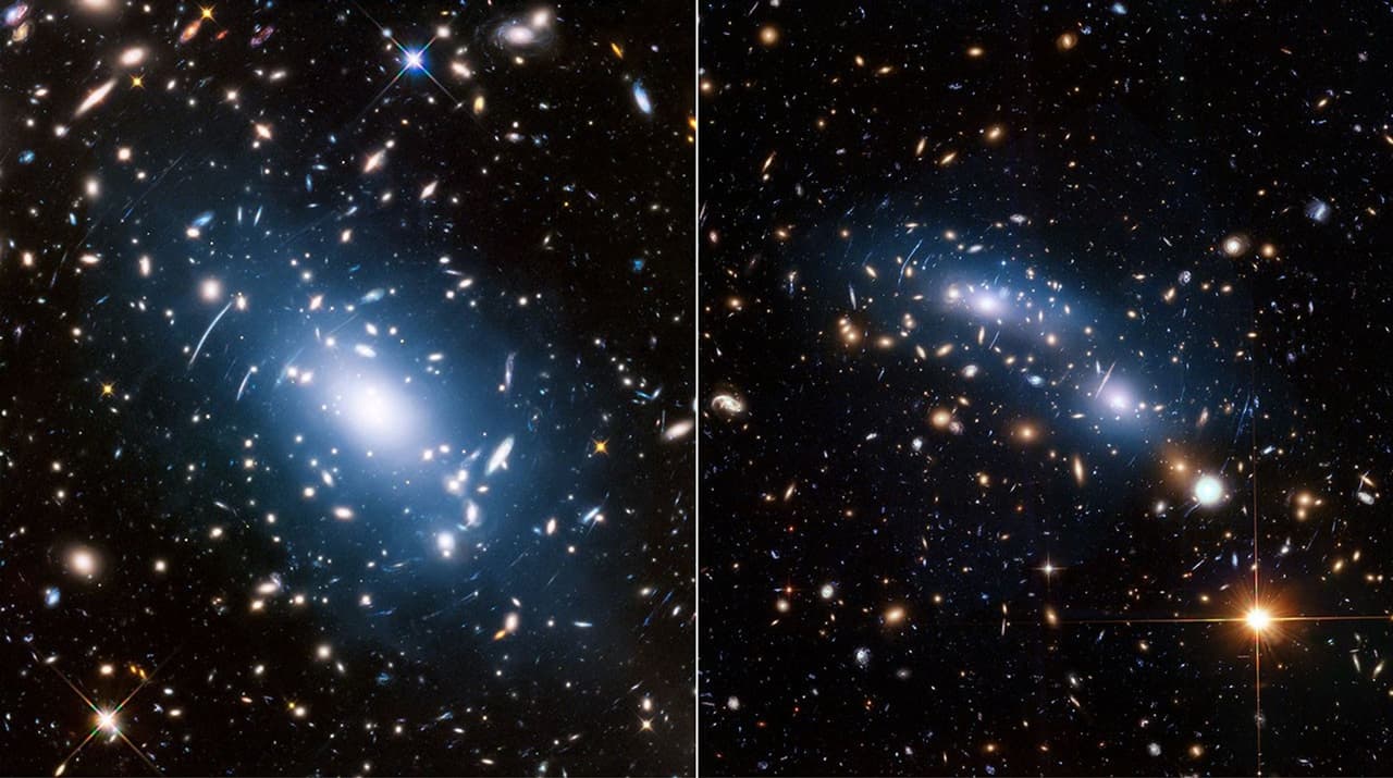 Los cúmulos Abell S1063 y MACS J0416.1-2403 contienen una tenue luz azul producida por estrellas expulsadas de sus galaxias. Esta «luz fantasma» sigue la distribución de masa del cúmulo y permite rastrear la materia oscura invisible, revelando cómo se organizan y evolucionan las grandes estructuras del universo.