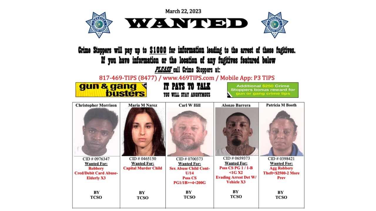 María Narez aparecía entre los diez fugitivos más buscados del condado Tarrant en marzo de 2023, según esta lista oficial del Sheriff.