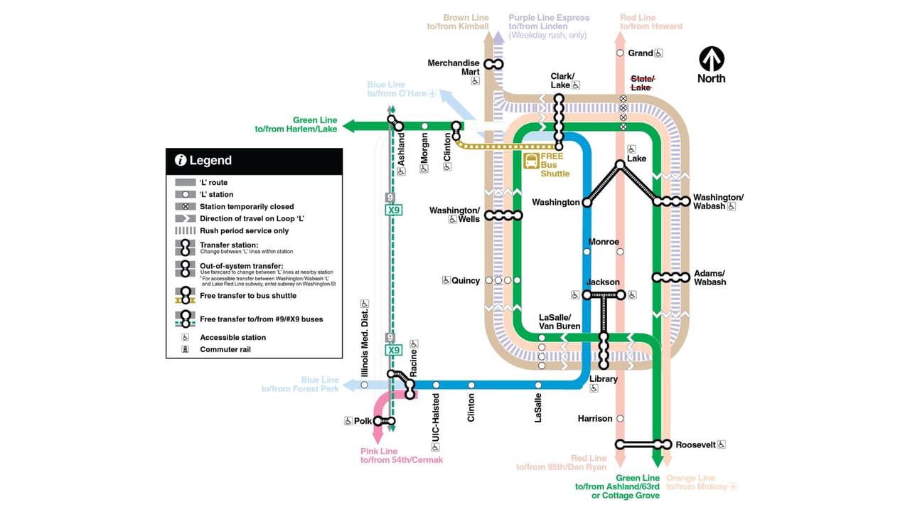 La Autoridad de Transporte de Chicago y el Departamento de Transporte de Chicago interrumpieron el servicio ferroviario entre Clinton y Clark/Lake desde las 4:00 a. m. del 13 de octubre hasta las 4:00 a. m. del 26 de octubre.
