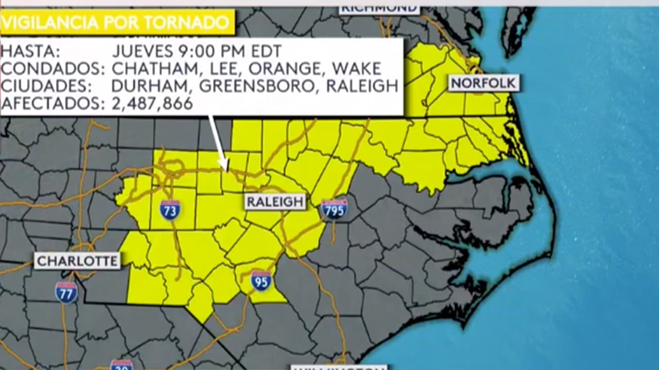 Emiten vigilancia por tornado en el área central de Carolina del Norte
