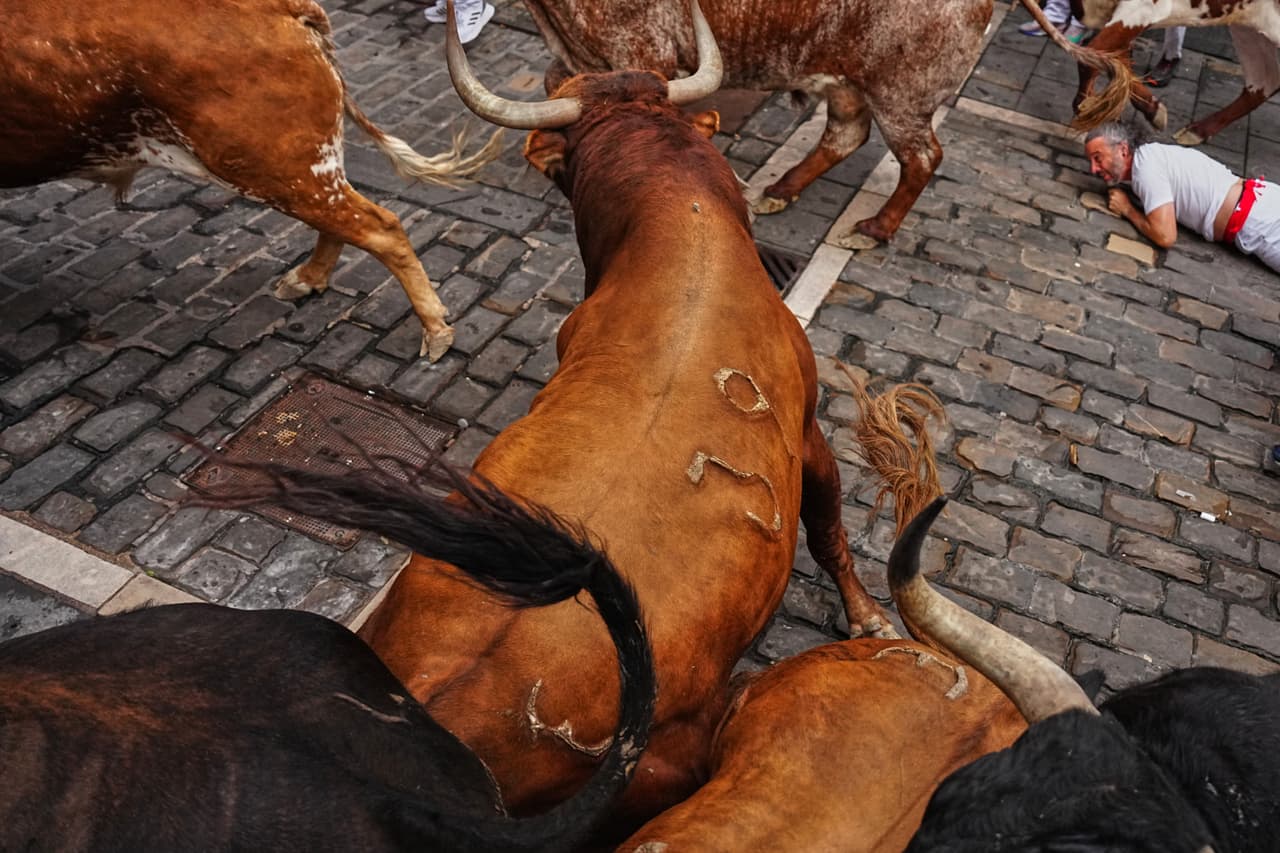 Los seis toros y sus acompañantes embistieron contra la multitud de buscadores de emociones fuertes que abarrotaban la estrecha calle de Pamplona.