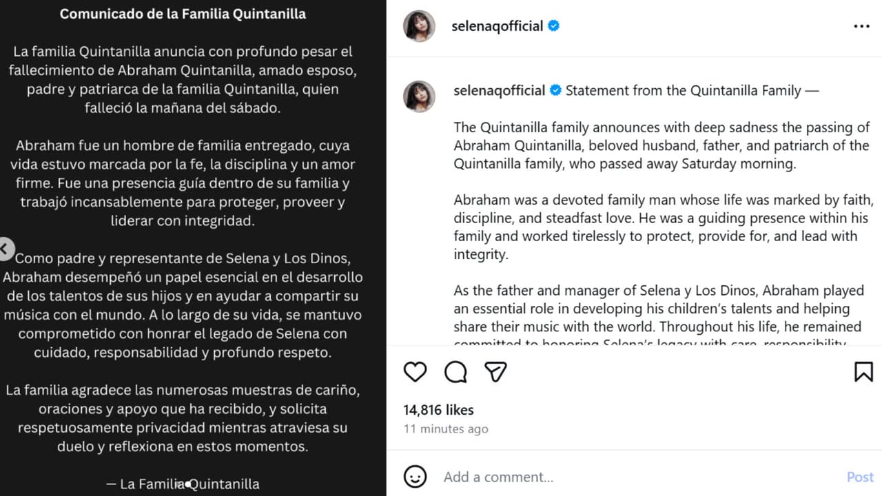 A través de este comunicado emitido desde la cuenta de Selena en Instagram, su familia pide "privacidad mientras atraviesa el duelo" tras la muerte de don Abraham Quintanilla, ocurrida este fin de semana.