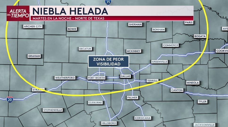 La niebla helada afectaría la visibilidad en varias zonas de Dallas - Fort Worth. La
<b>niebla helada</b> es un tipo de niebla que se forma cuando la temperatura en la superficie está en o por debajo de los
<b>32°F (0°C)</b>. Según el
<i>National Weather Service</i>, esta niebla está compuesta por diminutas gotas de agua superenfriadas que permanecen líquidas en el aire, pero
<b>se congelan instantáneamente al hacer contacto con cualquier superficie fría</b>, formando una fina pero peligrosa capa de hielo.