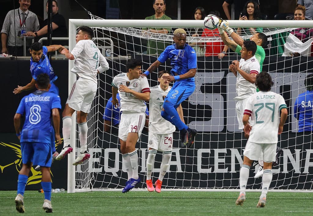 ATLANTA, GEORGIA - JUNE 12: Rodolfo Cota #12 of Mexico punches out a corner kick on goal by Honduras during the second half of an international friendly at Mercedes-Benz Stadium on June 12, 2021 in Atlanta, Georgia. (Photo by Kevin C. Cox/Getty Images)