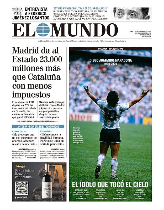 Así reaccionó la prensa mundial al fallecimiento de Maradona | El deceso de la leyenda argentina ocupó las portadas de los principales diarios alrededor del mundo.