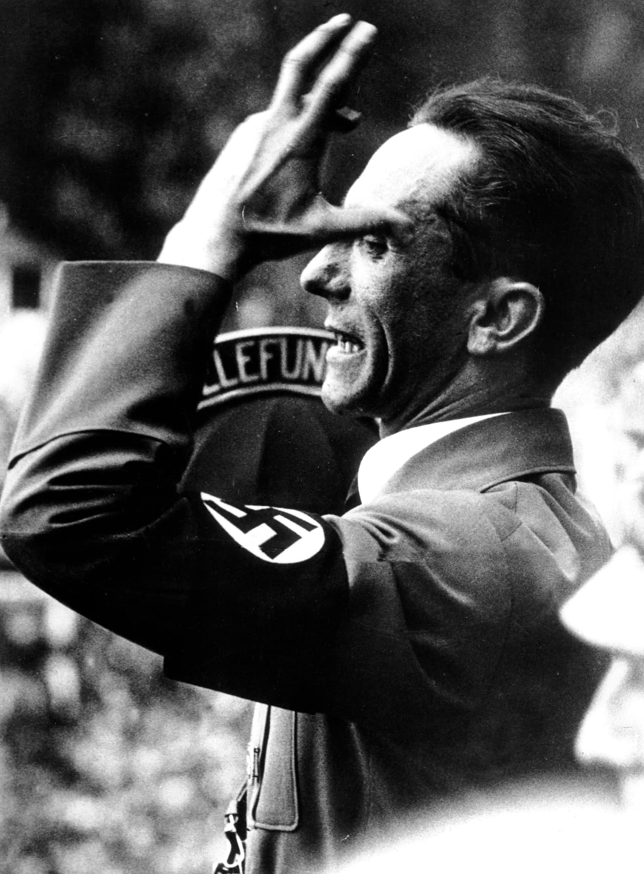Dr. Joseph Goebbels, German minister of propaganda, speaks to a crowd of 100,000 Germans in Zweibruecken on May 14, 1934. (AP Photo)