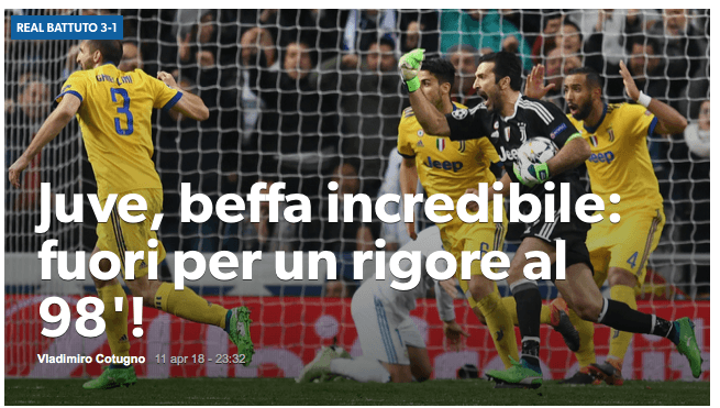 <b>Corriere dello Sport: </b>Burla increíble a la Juve: fuera por un penal en el 98'