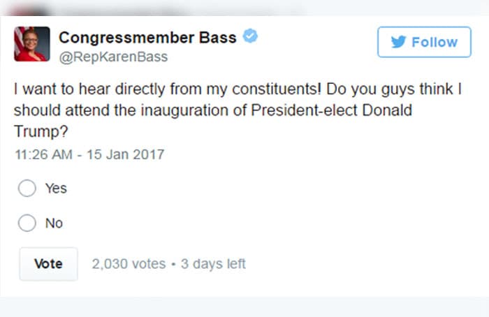 Una congresista somete a votación en Twitter si debe ir a la toma de posesión de Trump