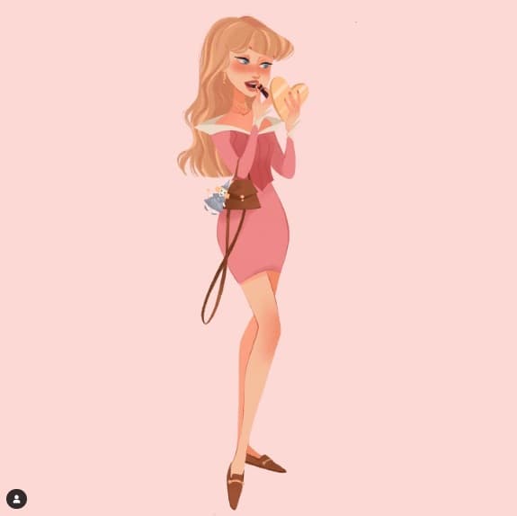 <b>Aurora</b> fue recreada con un minivestido rosa y mocasines, mientras se pinta los labios en espera de “un beso de amor verdadero”.