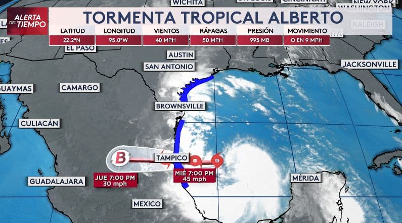 La
<b> tormenta tropical Alberto tiene una trayectoria hacia México, pero dejará mucha lluvia en Texas. </b>Este posible ciclón, que podría convertirse en tormenta tropical, se encuentra en el Golfo de México.