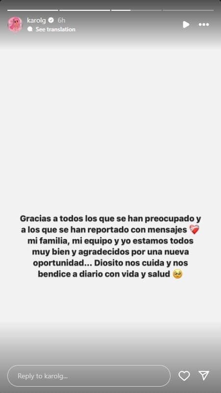 Karol G agradeció las muestras de cariño tras el incidente aéreo que vivió.
