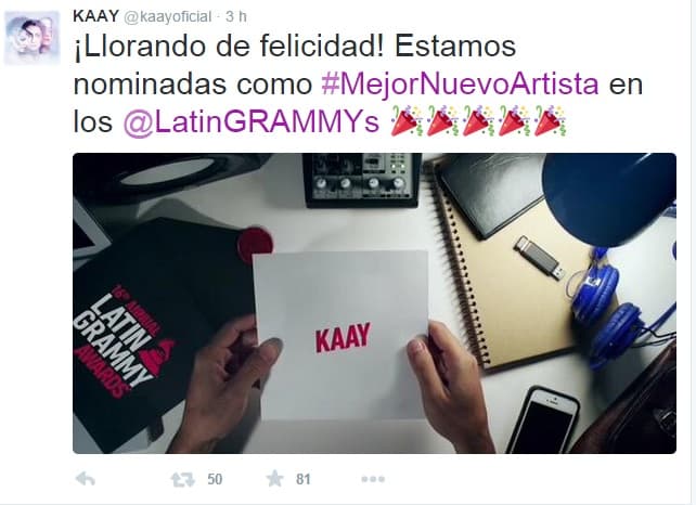 KAAY quien también recibió su primera nominación a Mejor Nuevo Artista así lo celebró.