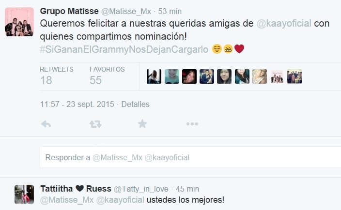 El grupo Matisse, nominado a Mejor Nuevo Artista se volvió loco de la felicidad en su Twitter.