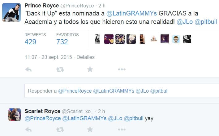 Prince Royce, nominado por el tema 'Back It Up' junto a JLo y Pitbull reaccionó de inmediato.