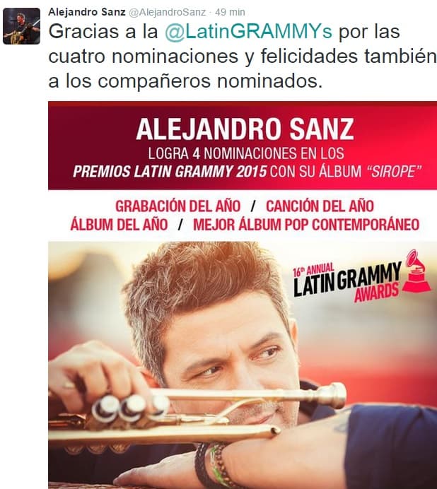 Alejandro Sanz, quien tiene cuatro nominaciones hasta expresó sus felicitaciones a sus colegas que quedaron nominados.
