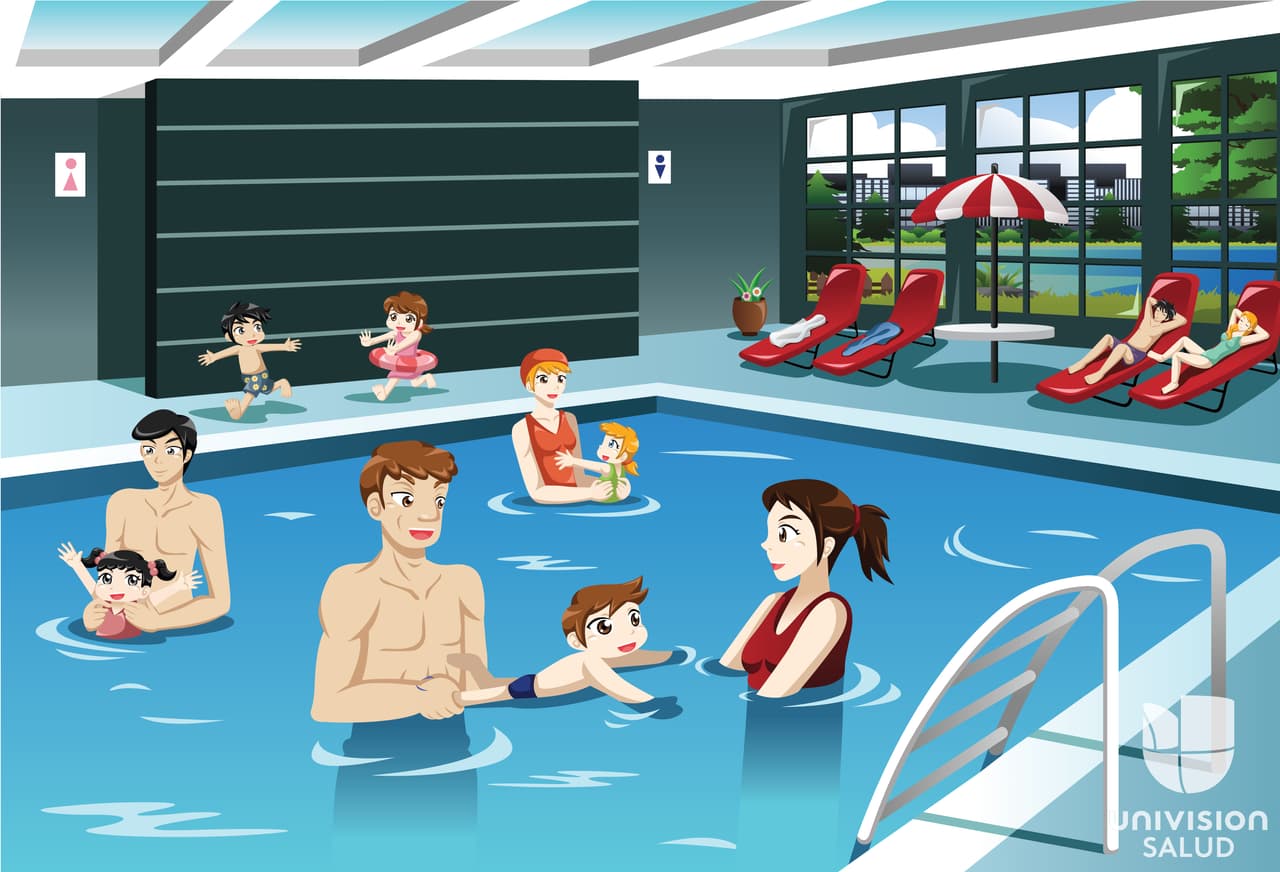 Cada hora, ¡todos deben salir! Aproveche estas pausas para llevar a los niños al baño. Si son pequeños, revise sus pañales frecuentemente y cámbielos en el baño y no a un costado de la piscina. Así se mantendrán los gérmenes lejos del agua.