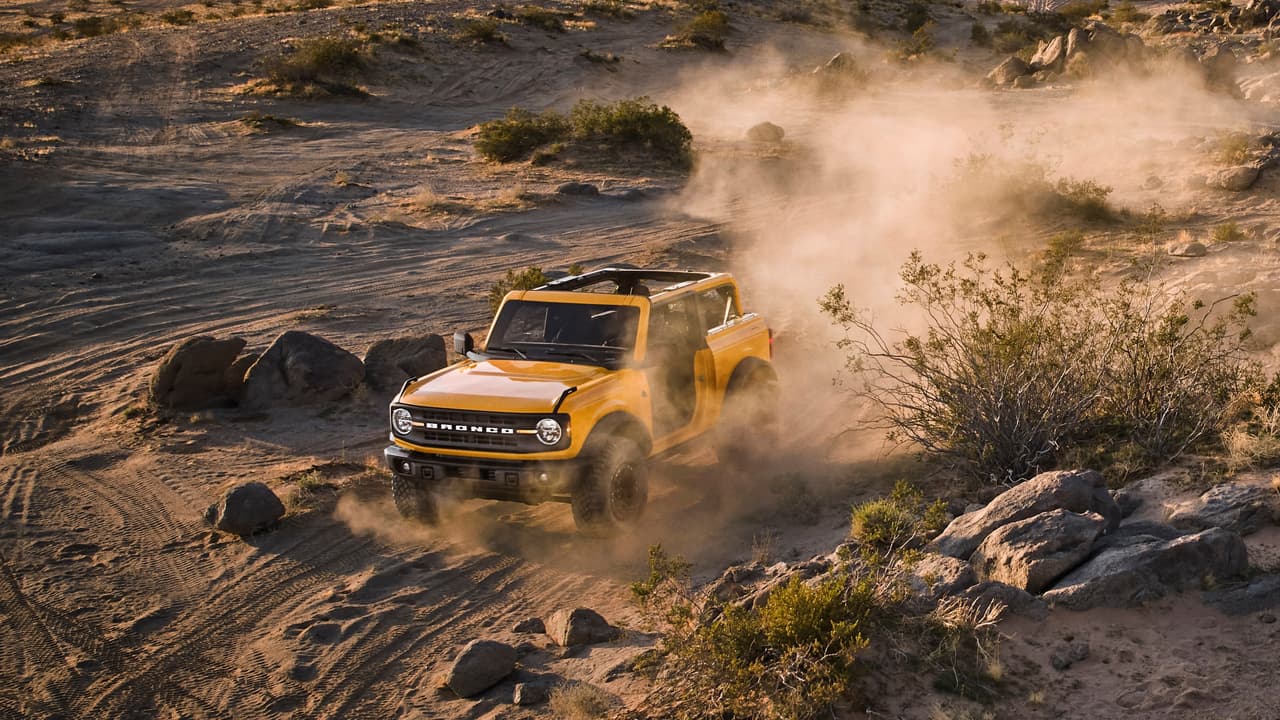 Pre-production 2021 two-door Bronco Black Diamond series in Cyber Orange Metallic Tri-Coat with available Sasquatch™ off-road package.