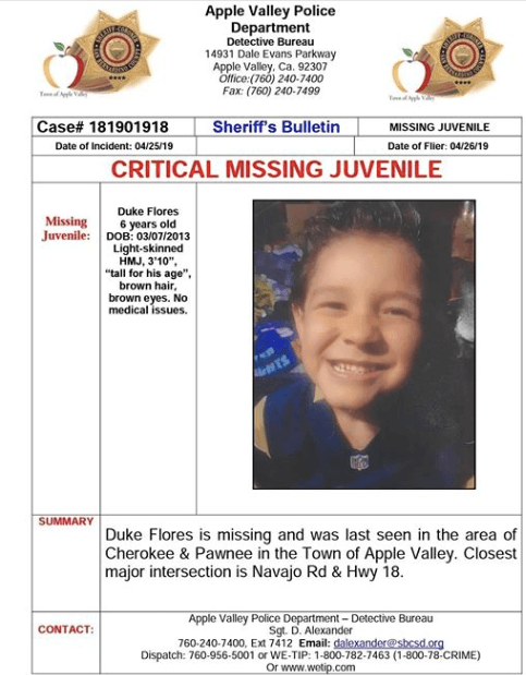 Si usted cuenta con información que ayuda a dar con el paradero de Duke Flores, favor de comunicarse con el sargento, D. Alexander al 760-240-7400, Ext. 7412, o por medio de correo electrónico al dalexander@sbcsd.org.