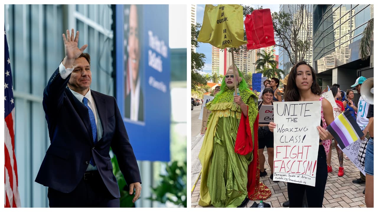 Defensores de inmigrantes y de la comunidad LGBTQ+ protestan contra la candidatura de Ron DeSantis en Miami