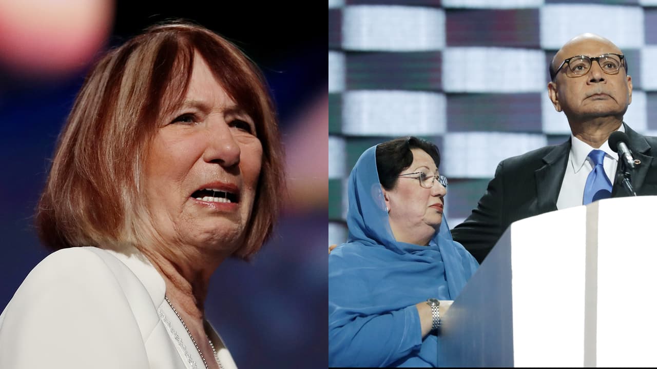 <b>Las "cartas" emocionales de la campaña. </b>A la izquierda,
<a href="http://www.univision.com/noticias/elecciones-2016/padres-de-dos-victimas-de-bengasi-demandan-a-clinton-con-cargos-de-muerte-por-negligencia-y-difamacion"><b>Pat Smith,</b></a> madre de uno de los fallecidos en los ataques de Bengazhi, que acusa a Clinton de negligencia en el episodio en el que murió su hijo. A la derecha, l
<a href="http://www.univision.com/noticias/elecciones-2016/que-fue-lo-que-dijo-un-padre-musulman-que-tanto-molesto-a-donald-trump"><b>os padres del soldado musulmán Humayun S. M. Khan</b></a>, quienes acusaron a Trump de no tener idea del aporte de su cultura a los EEUU. Trump respondió atacando a la esposa, Ghazala Khan. julio 2016.