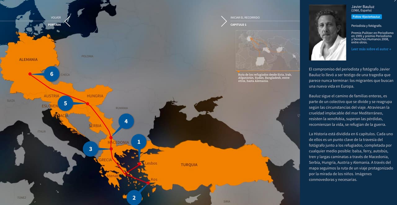 <b>El camino hacia la libertad.</b> La Historia está dividida en 6 capítulos. Cada uno de ellos es un punto clave de la travesía del fotógrafo junto a los refugiados, completada por cualquier medio posible: balsa, ferry, autobús, tren y largas caminatas a través de Macedonia, Serbia, Hungría, Austria y Alemania. A través del mapa seguimos la ruta de un viaje protagonizado por la mirada de los niños. Imágenes conmovedoras y necesarias
<b><a href="http://huelladigital.univisionnoticias.com/crisis-refugiados-javier-bauluz/">(VER ESPECIAL COMPLETO).</a></b>
<br>