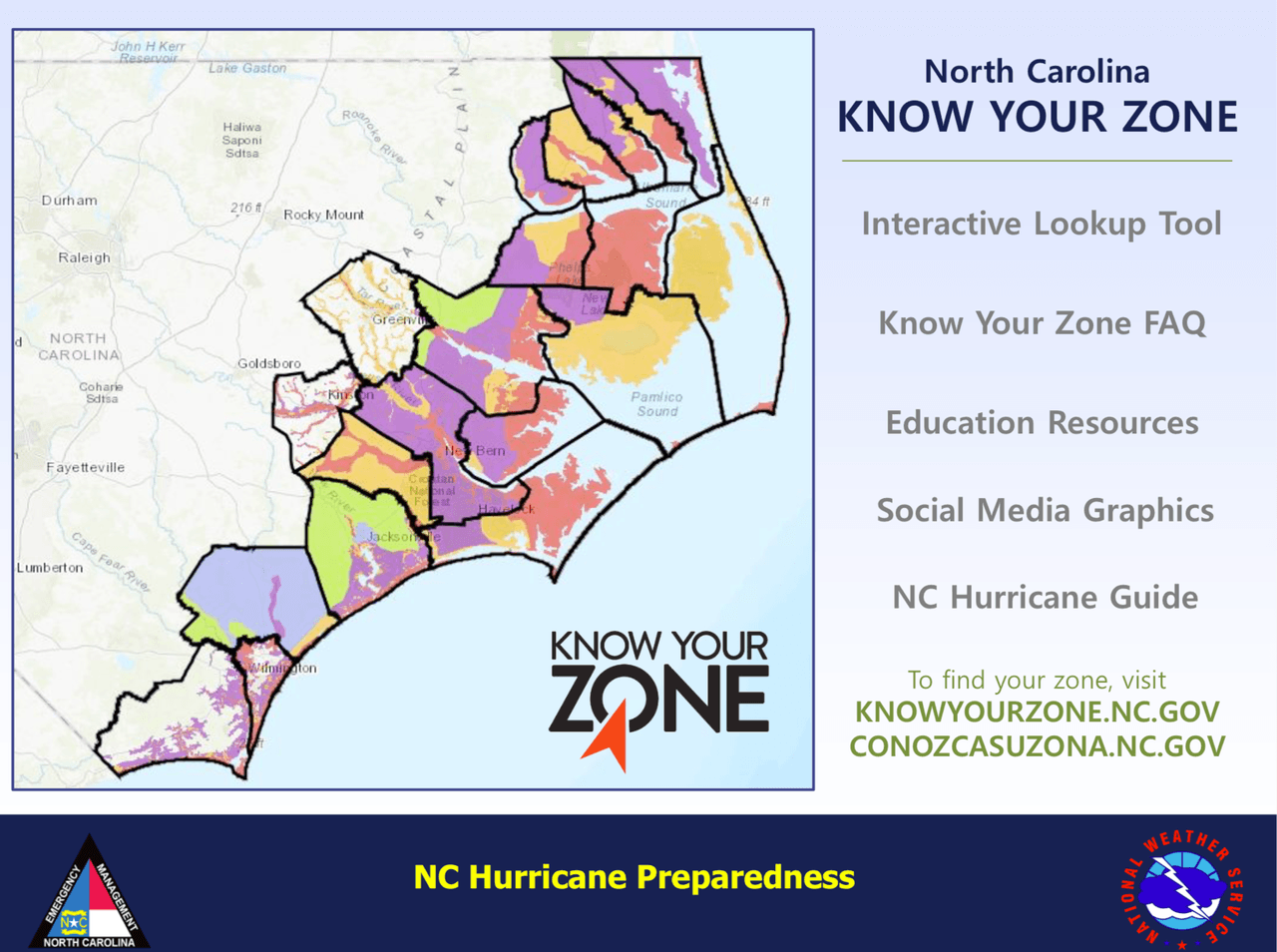 Si su localidad está entre las destacadas en este mapa, recuerde identificar su zona de evacuación.
<a href="https://www.ncdps.gov/es/conozca-su-zona" target="_blank">Puede hacerlo aquí.</a>