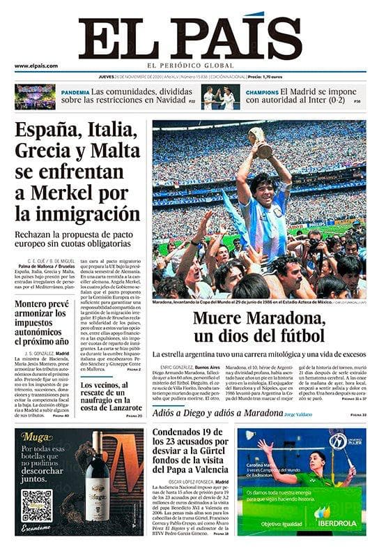 Así reaccionó la prensa mundial al fallecimiento de Maradona | El deceso de la leyenda argentina ocupó las portadas de los principales diarios alrededor del mundo.