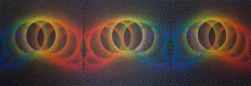 <b>Julio Le Parc</b>
<br>
<i>Argentina</i>
<br>Alchimie 396, 2018
<br>Galeria Nara Roesler
<br>Pintura: acrílico sobre lienzo
<br>Tamaño: 78.7 × 236.2 pulgadas
<br>Miami Beach Convention Center | B10