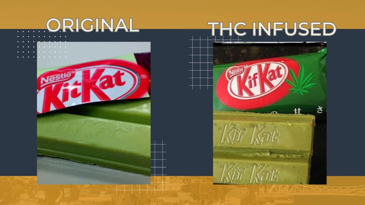 Así los lucen los chocolates Kit Kat originales (a la izquierda) y así un producto que imita su empaque, pero tiene THC.
<br>