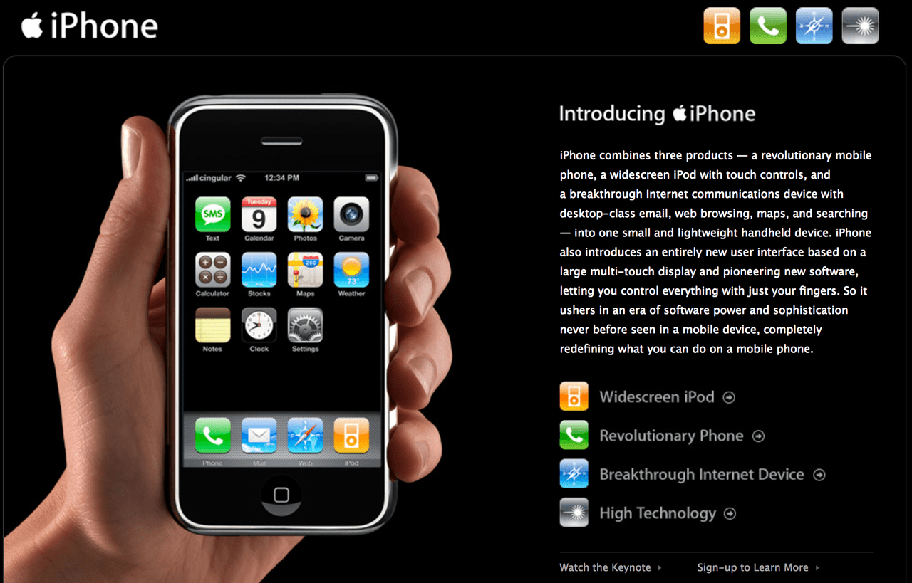 Una imagen del primer sitio promocional del iPhone en 2007 muestra la oferta entonces revolucionaria del producto de Apple.