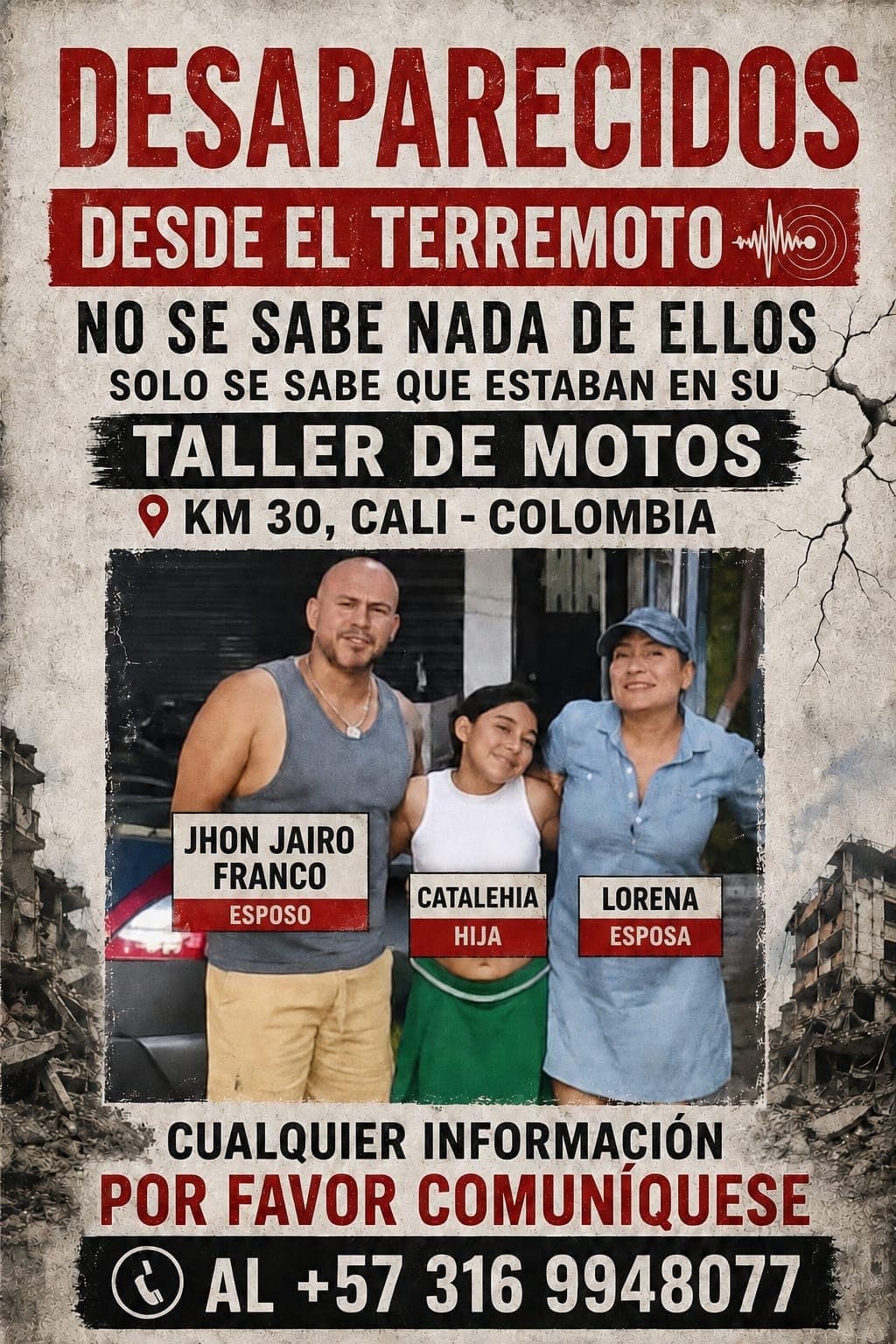 Jhon Jairo, Lorena y Catalehia siguen sin ser localizados tras el sismo. Ellos se encontraban en el kilómetro 30, un poblado del municipio de Dagua, departamento del Valle del Cauca. Esta es su ficah de busqueda.