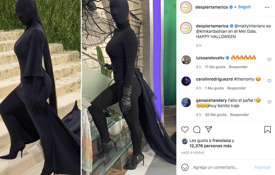 <b>Maity Interiano</b>
<br>Otra conductora de Despierta America que retomó un look que causó tendencia este 2021 fue Maity Interiano, quien lució el outfit con el que Kim Kardashian impactó en la Met Gala de 2021.