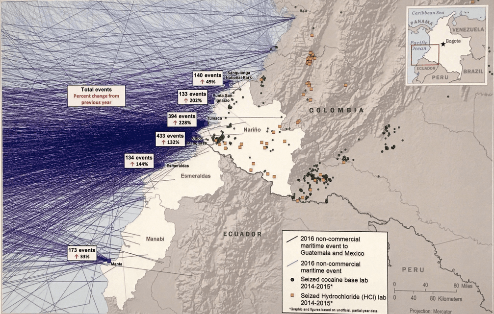 La Guardia Costera de EEUU presentó ante el Senado estadounidense en 2017 este mapa con eventos de envíos de droga desde Colombia.