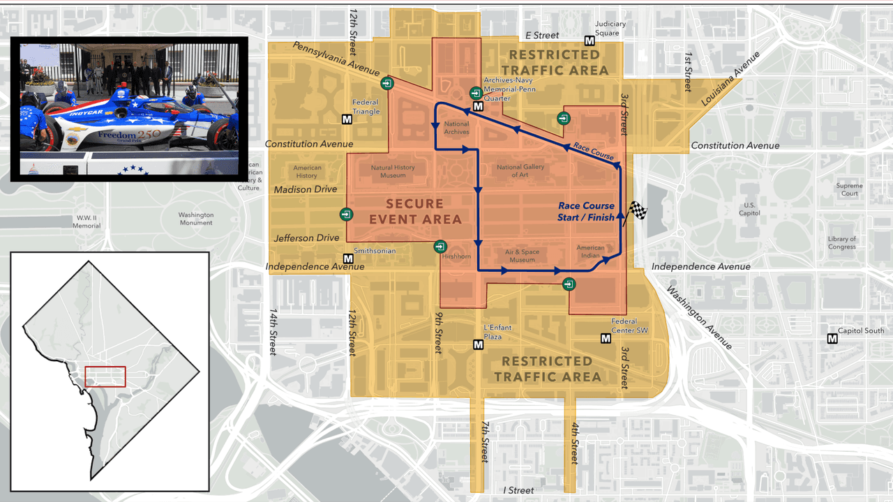 Freedom 250 Grand Prix de Washington, DC: fechas de cierres de calles y restricciones