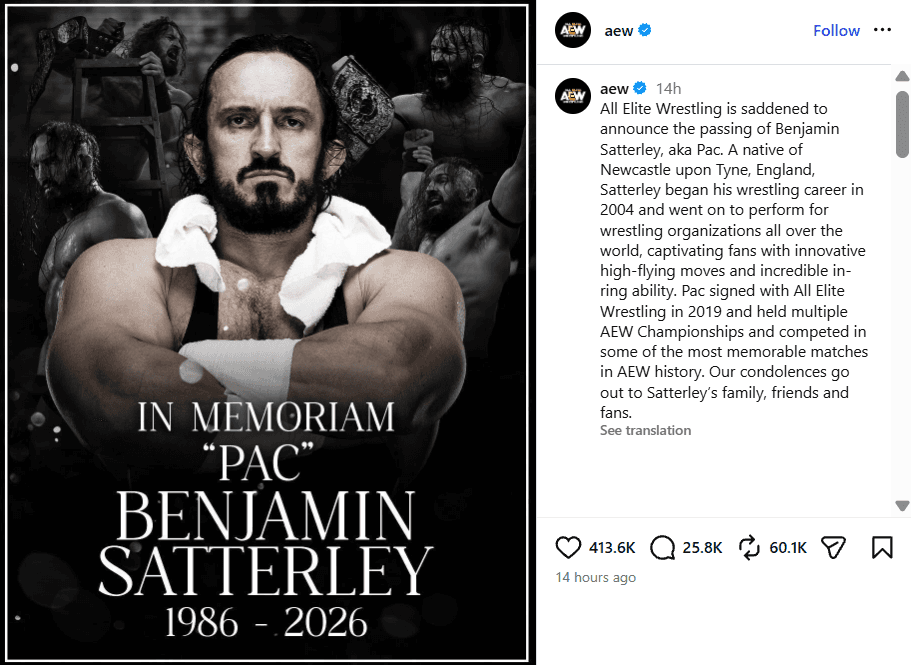 La AEW anunció la muerte del luchador Benjamin Satterley, conocido como ‘Pac’.