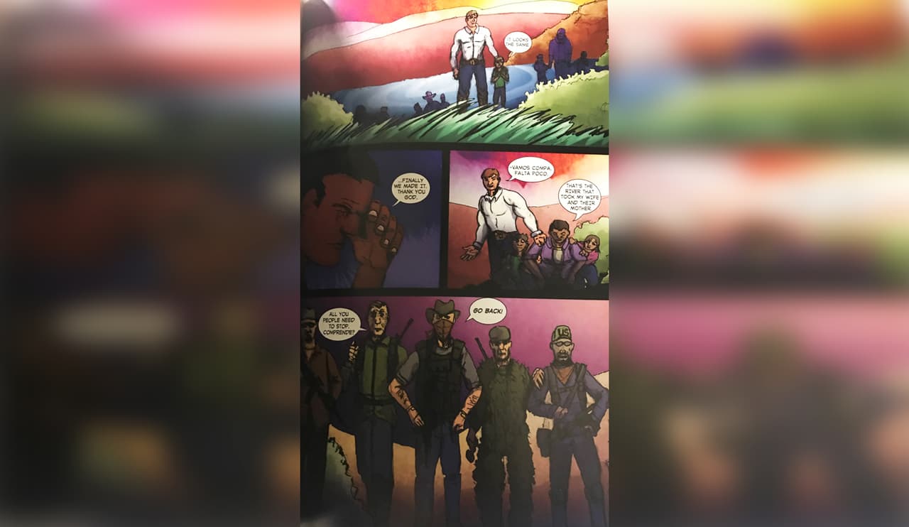 En esta escena, El Peso Hero defiende a un grupo de inmigrantes de un grupo de hombres armados.