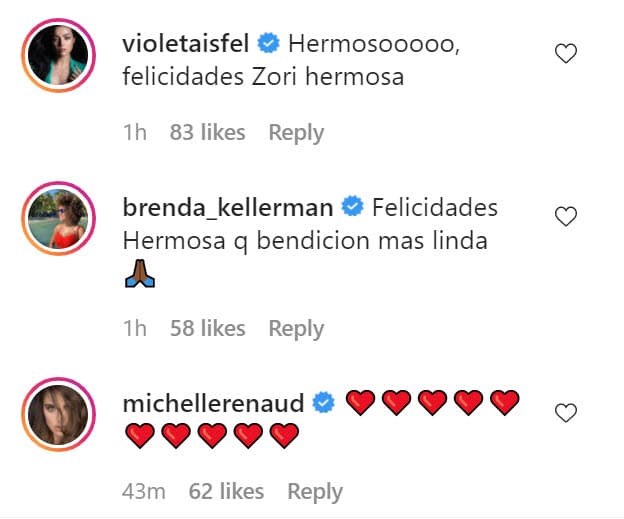 Otros famosos que felicitaron a Zoraida Gómez y su hijo fueron Brenda Kellerman, Violeta Isfel y Michelle Renaud.
<br>