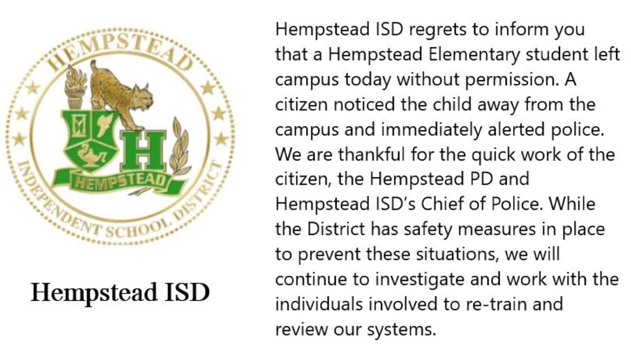 El distrito escolar independiente de Hempstead informó lo ocurrido a través de un comunicado en el que se indicó que la alumna salió del plantel sin permiso y que se tienen medidas de seguridad para evitar estas situaciones, investigan lo ocurrido y trabajan con las personas involucradas.