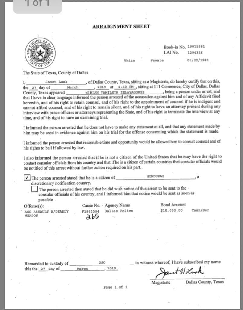 Arraigment Sheet del condado de Dallas, Texas
