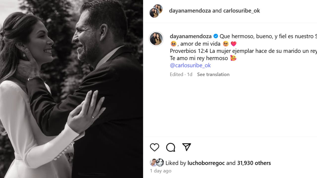 Dayana Mendoza compartió esta primera foto de su boda con el pastor Carlos Uribe.