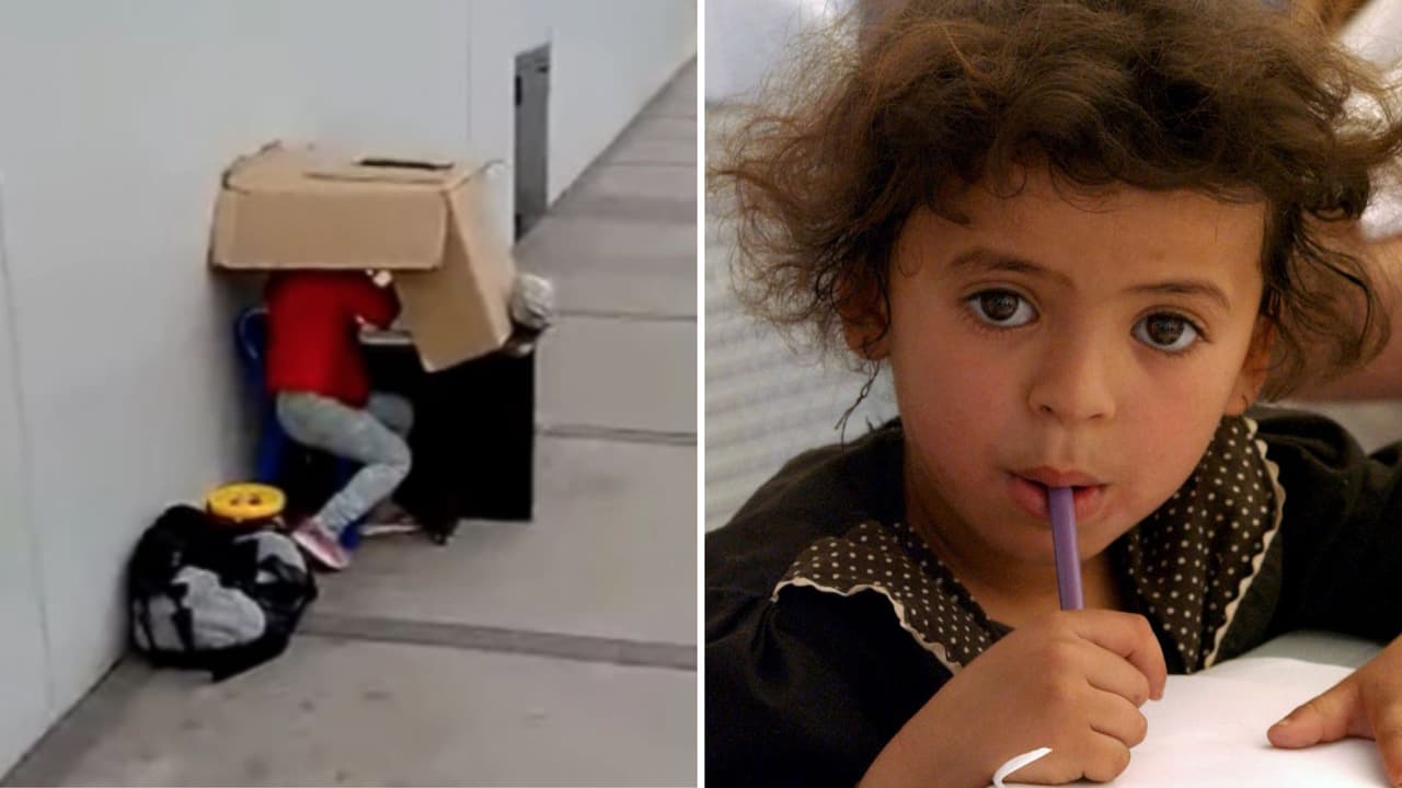 Hombre arma escritorio en plena calle para que su hija de 5 años estudie mientras él trabaja